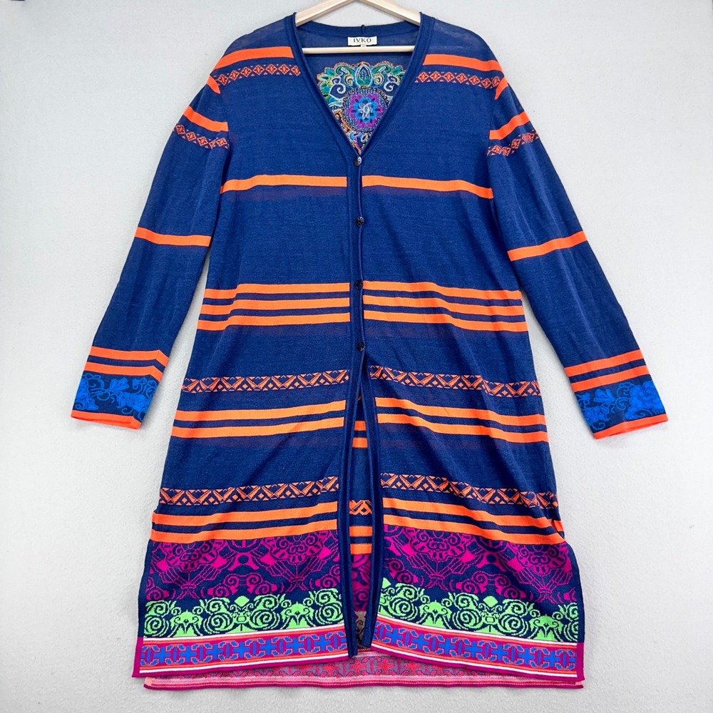 IVKO Linen Mandala Duster Cardigan Sweater Womens 44 XXL Long Blue Embroidered